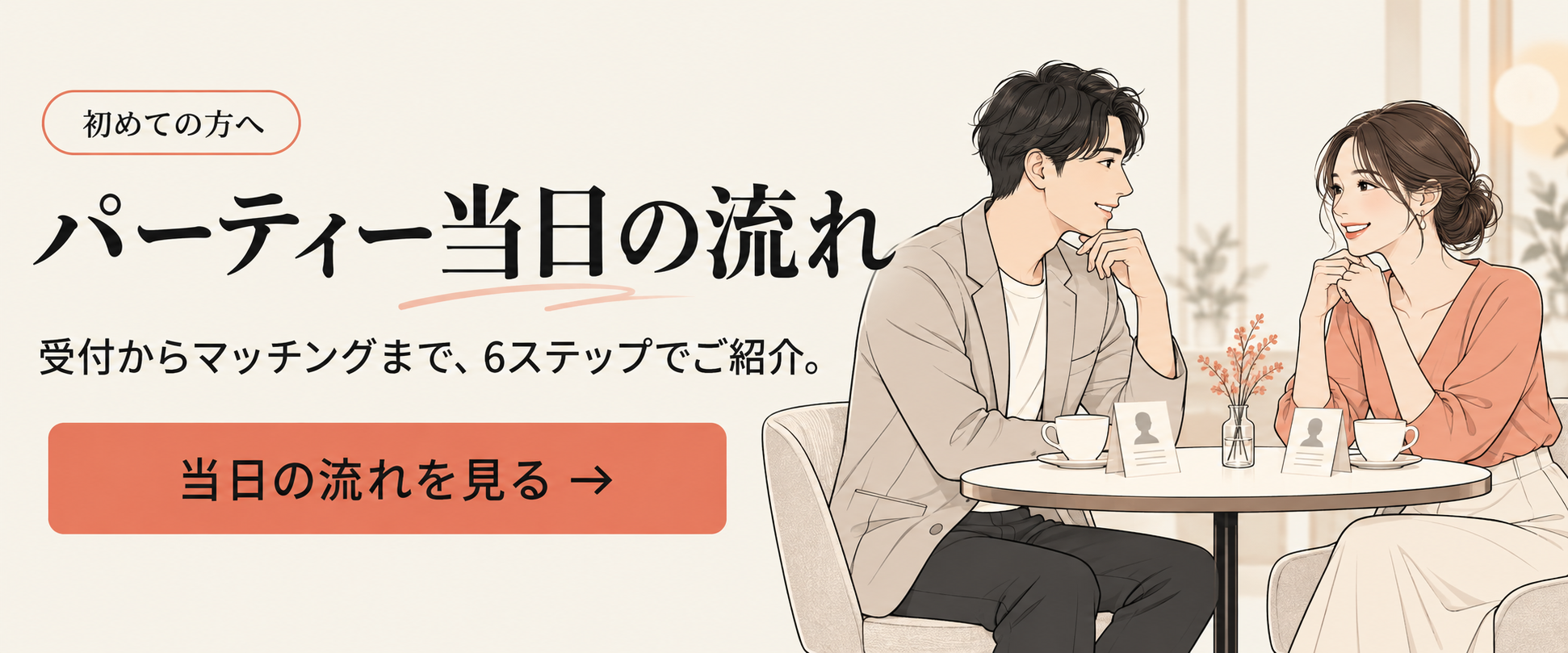 初めての方へ パーティー当日の流れ。受付からマッチングまで、6ステップでご紹介。当日の流れを見る。